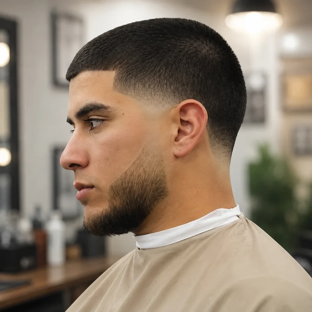 Profil sisi seorang lelaki dengan potongan rambut buzz cut fade yang kemas menampilkan lineup yang tajam, sisi skin fade, dan janggut yang rapi. Gaya rambut ini dipaparkan dalam kedai gunting rambut moden dengan latar belakang kabur yang lembut.