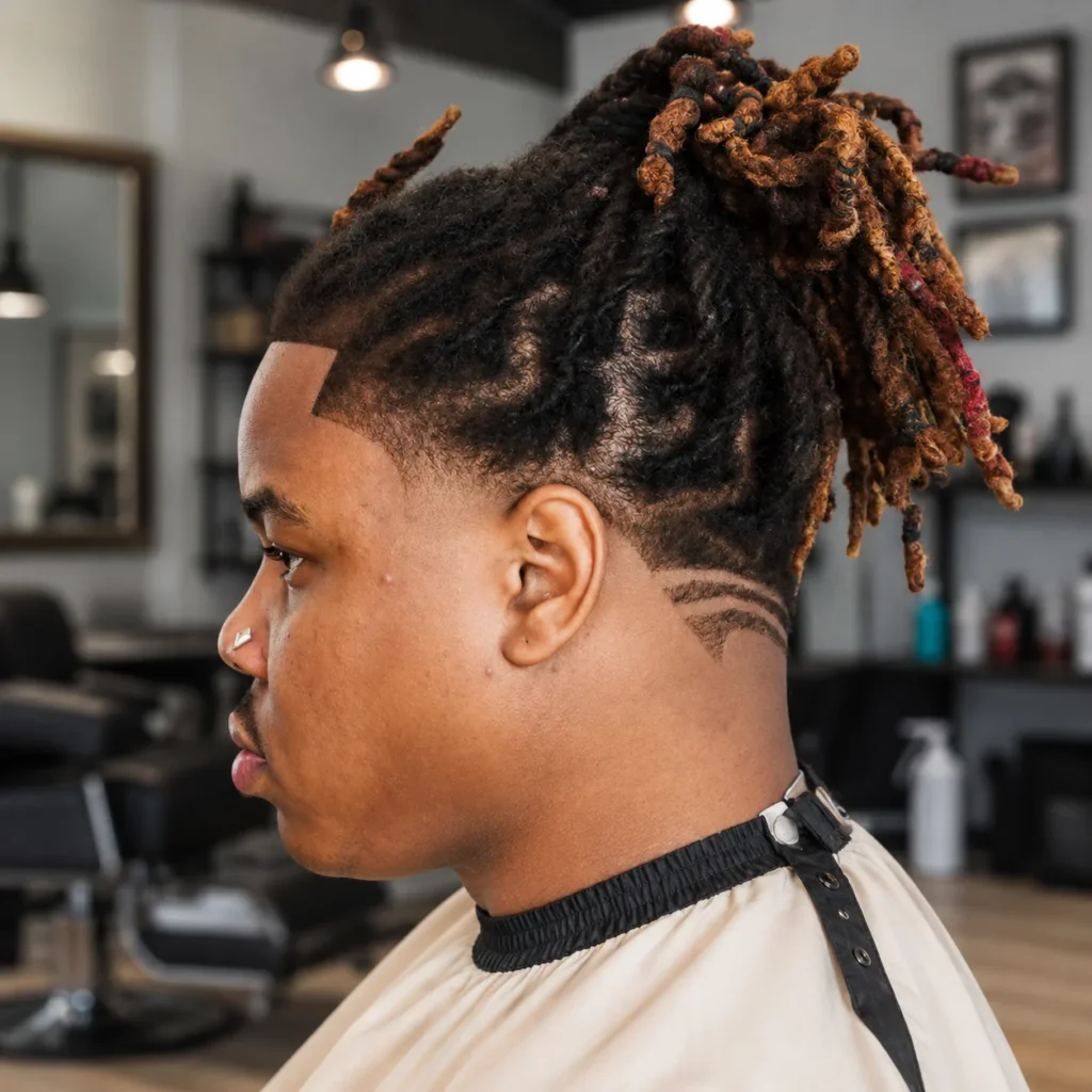 Lelaki dengan dreadlocks bergaya, potongan low fade yang kemas, dan reka bentuk rambut terperinci di bahagian tengkuk, menampilkan gaya rambut fade moden dalam kedai gunting rambut profesional.