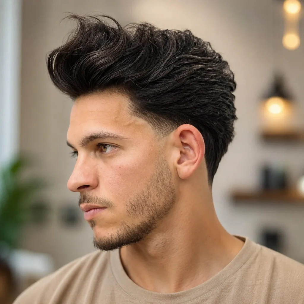 Potongan rambut pompadour fade moden dengan rambut gelap bervolume di bahagian atas dan low fade yang kemas di sisi, dipaparkan dalam potret profil sisi seorang lelaki dengan stubble ringan berlatar belakang dalaman yang kabur lembut.