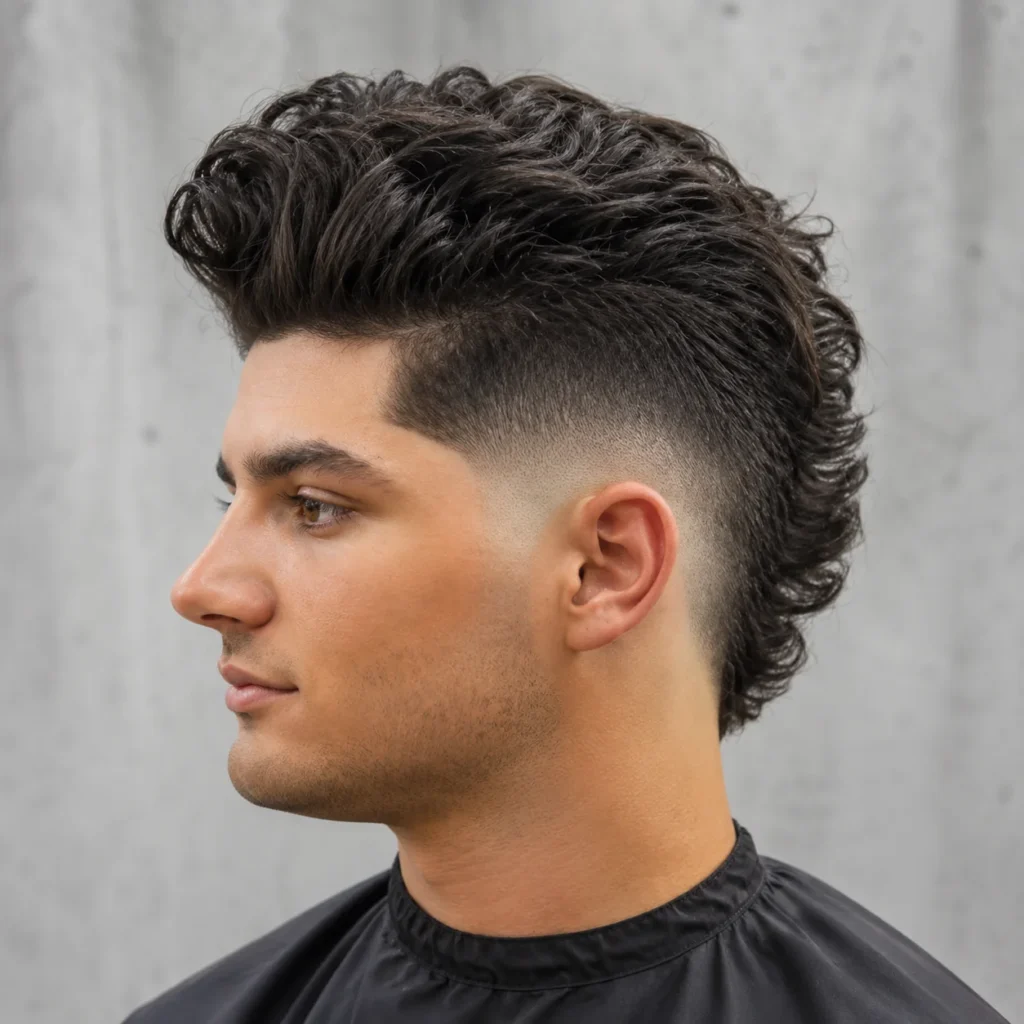 Profil sisi seorang lelaki dengan potongan rambut curly mullet fade moden, menampilkan volume bertekstur di bahagian atas, skin fade yang kemas, dan detail barber yang tajam berlatar belakang neutral.