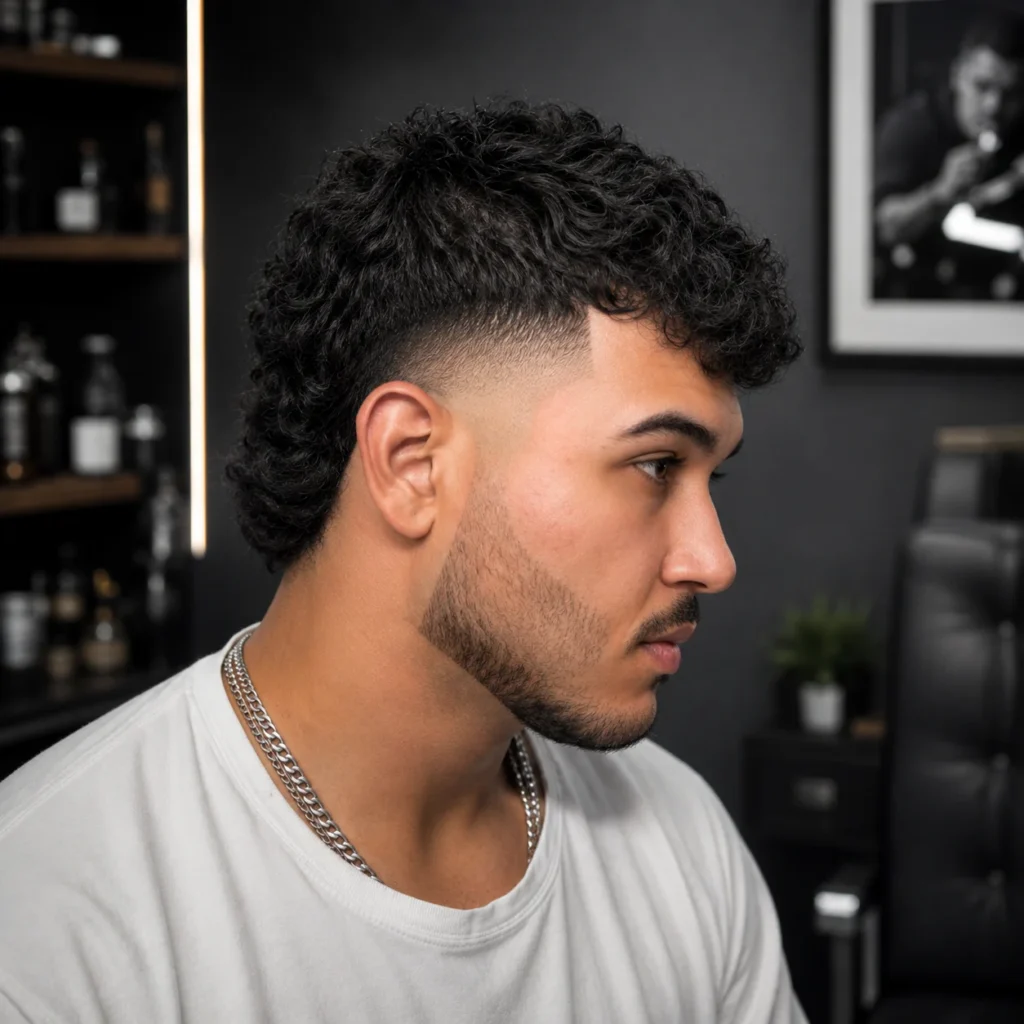 Profil sisi seorang lelaki muda dengan potongan rambut curly temple fade mullet dan facial hair yang kemas, memakai T-shirt berwarna cerah dan rantai perak dalam kedai gunting rambut moden di dalam bangunan.