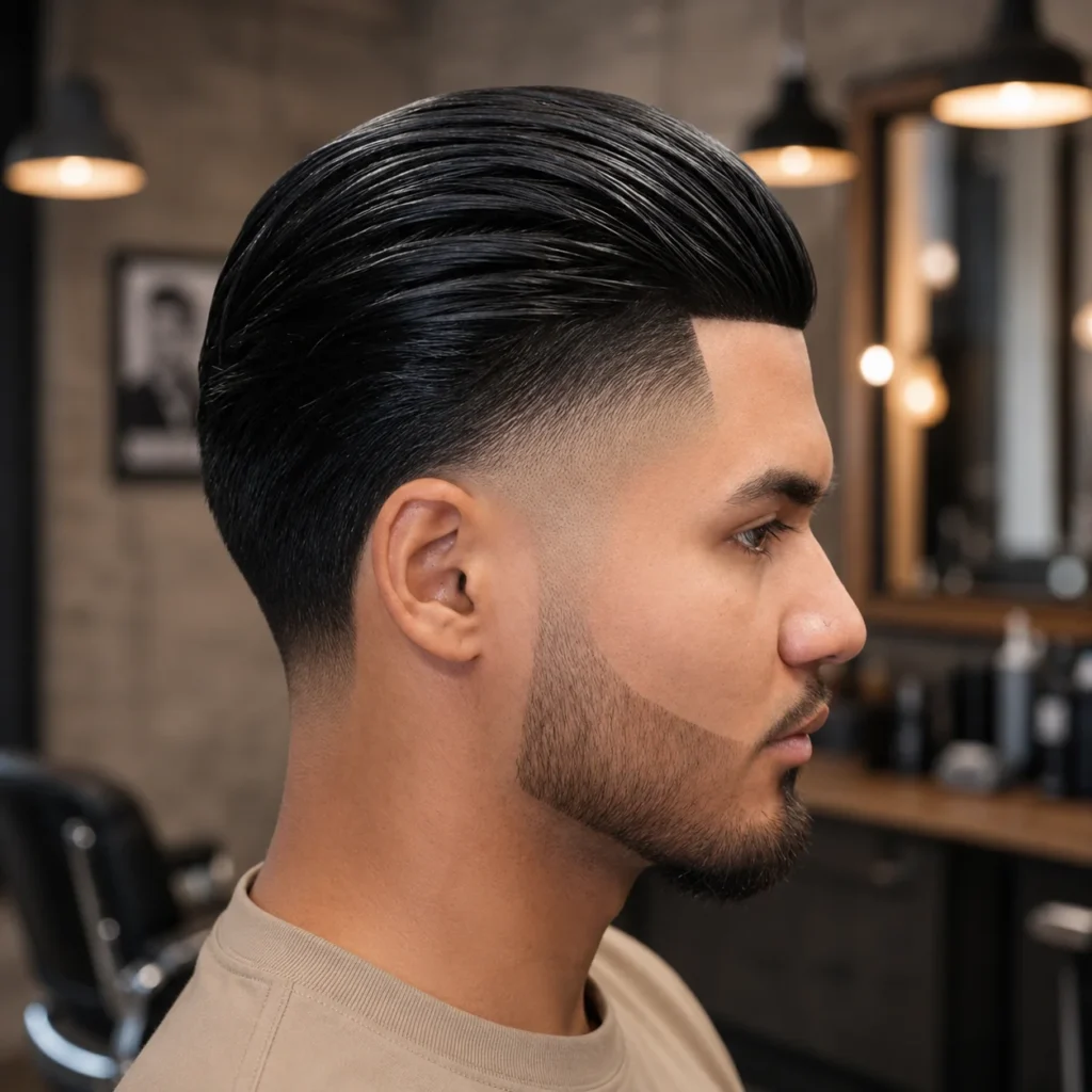 Lelaki dengan gaya rambut slicked-back yang kemas, high skin fade, dan beard lineup yang tajam, menampilkan potongan rambut fade gaya barber moden dalam kedai gunting rambut profesional.
