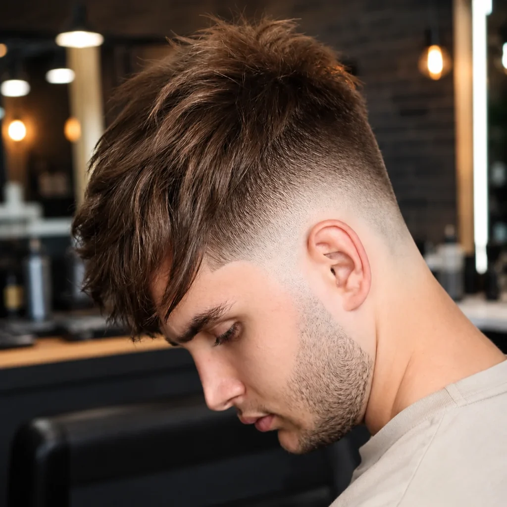 Lelaki muda dengan fringe bertekstur dan potongan high skin fade di kedai gunting rambut.