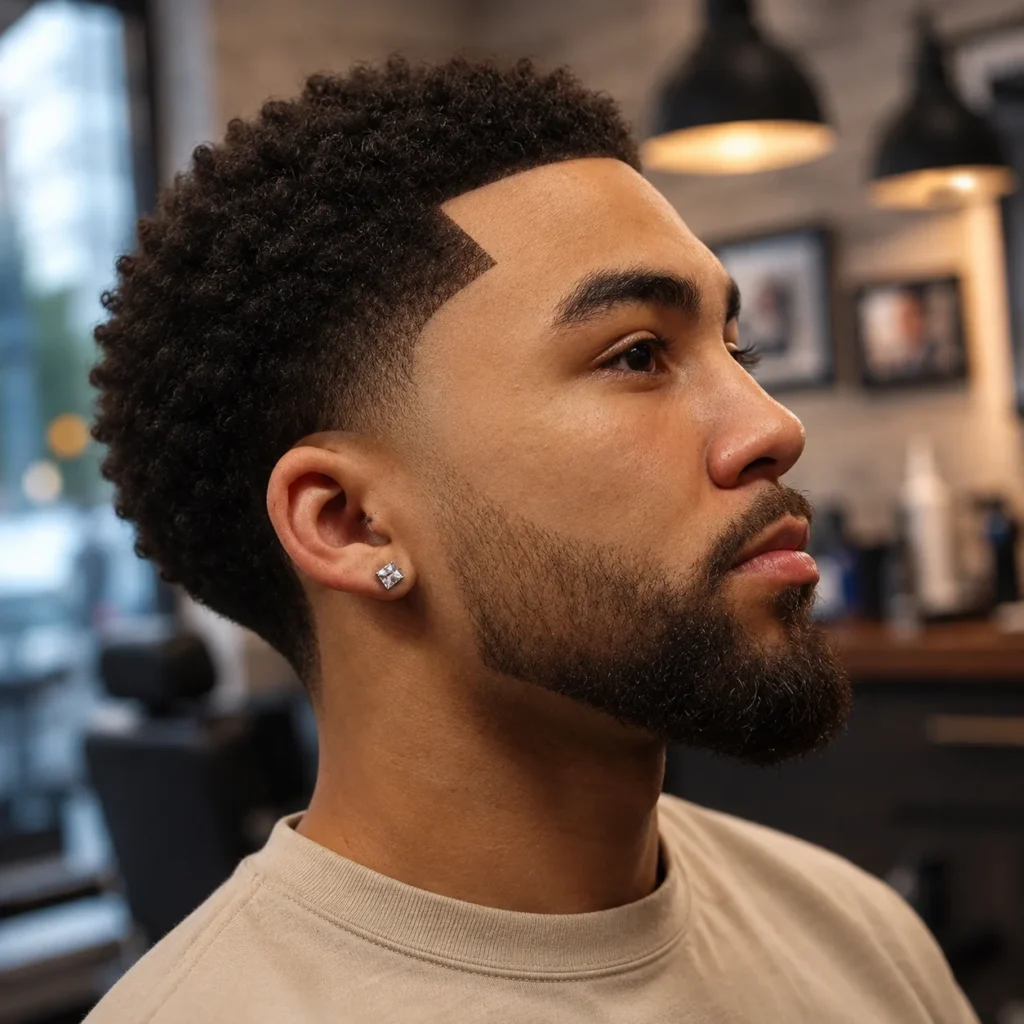 Lelaki muda dengan potongan rambut temple fade yang tajam, rambut kerinting bertekstur, dan janggut yang kemas, menampilkan gaya rambut fade moden dalam kedai gunting rambut profesional.