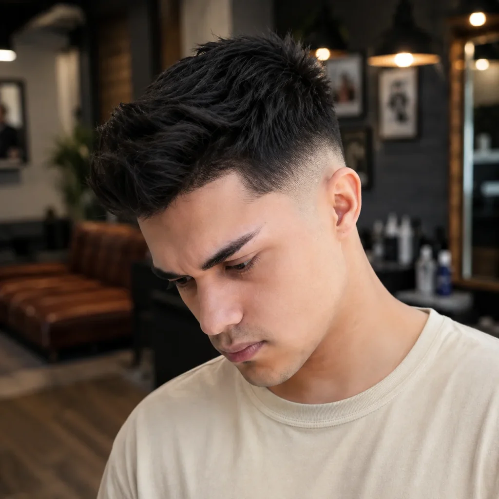 Lelaki muda dengan potongan rambut low fade bertekstur dalam kedai gunting rambut kontemporari.