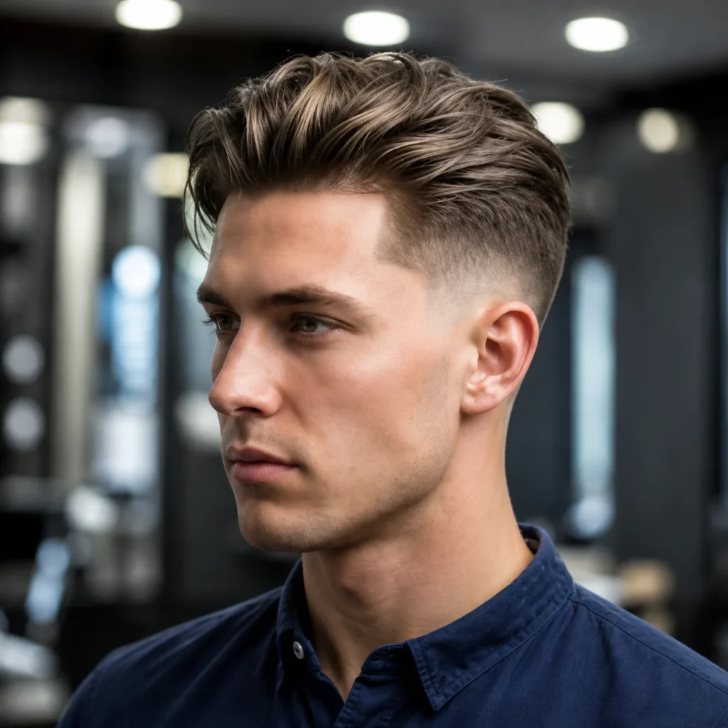 Textured Fade Haircut Slick Back menampilkan rambut bervolum yang disisir ke belakang, sisi berfade yang kemas, serta gaya rambut moden yang tajam dalam suasana kedai gunting rambut profesional
