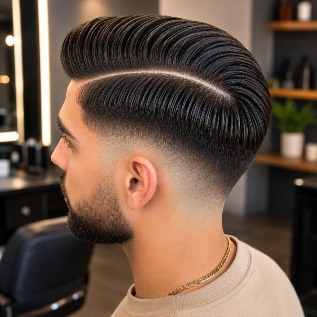 Undercut Comb Over Mid Fade Haircut untuk pria dengan garis hard part yang tajam, low skin fade yang rapi, dan janggut penuh, ditampilkan di lingkungan barbershop profesional.