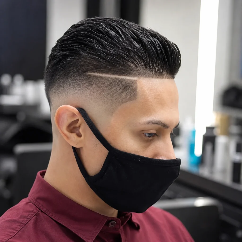 Undercut Fade Haircut Slick Back menampilkan garis hard part yang tajam, skin fade yang kemas, serta rambut gelap berkilat yang digayakan ke belakang, dirakam dalam suasana kedai gunting rambut moden.