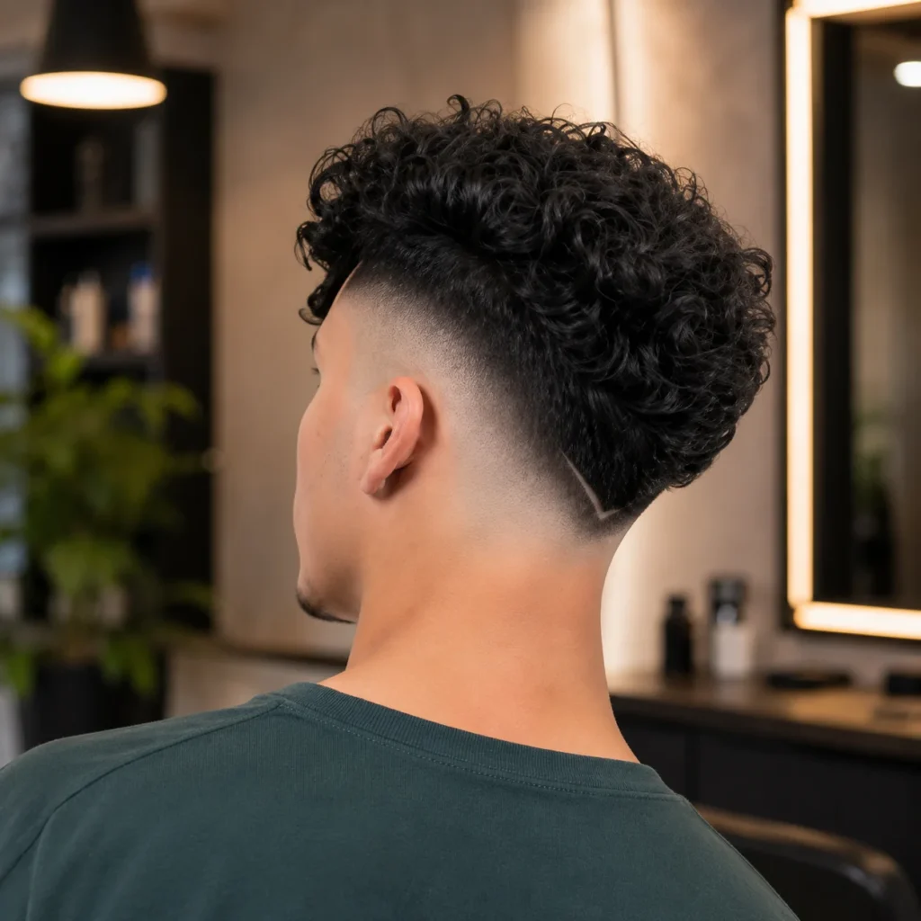 Potongan rambut V Drop Fade dengan garis reka bentuk yang kemas di bahagian belakang, dipamerkan di sebuah barbershop moden dalam suasana dalaman.