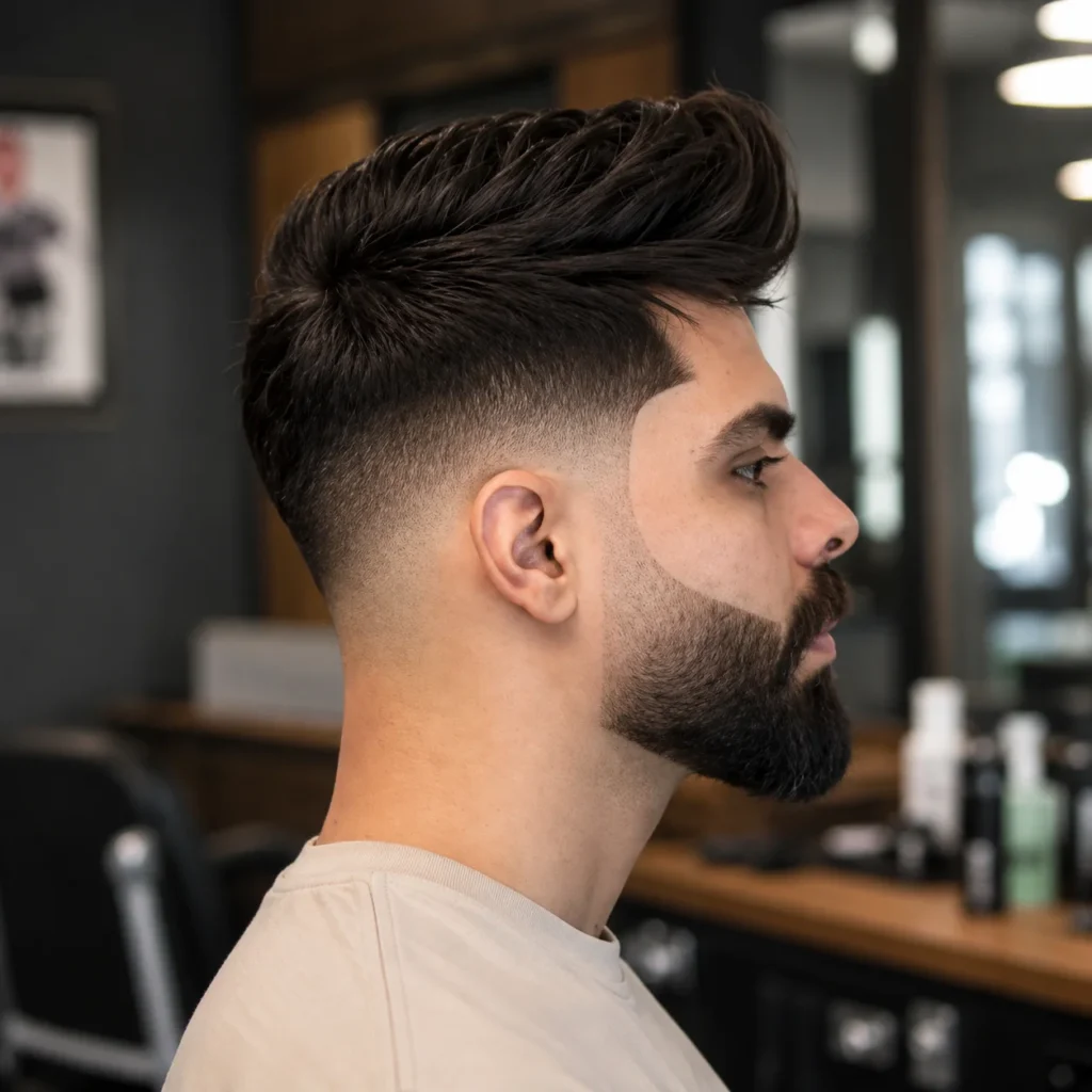 Potongan rambut V Fade dengan janggut pada seorang lelaki yang mempunyai gaya rambut textured quiff, low skin fade yang kemas, dan janggut yang tajam di sebuah barbershop moden.
