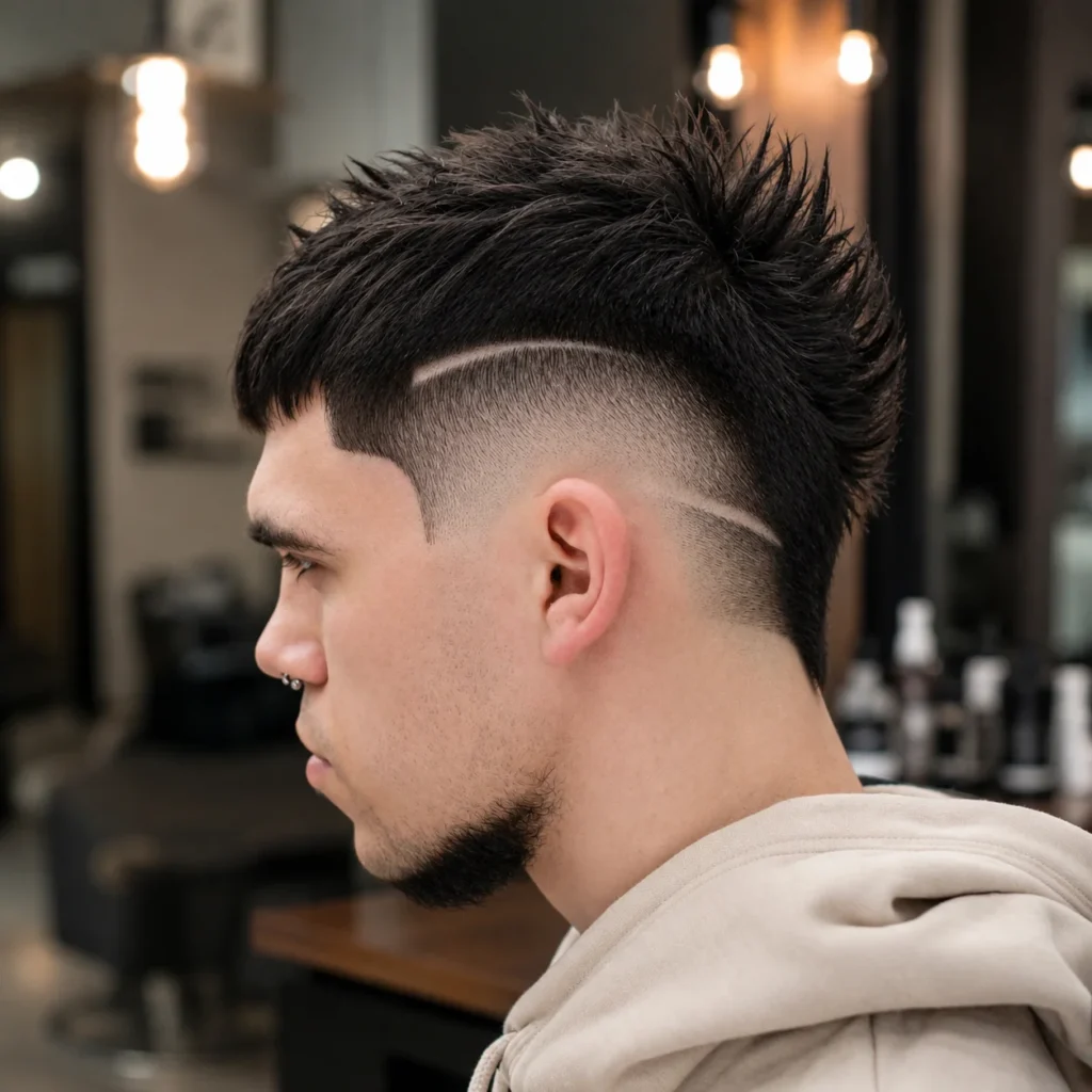 Seorang lelaki muda dengan potongan rambut mohawk fade moden yang menampilkan garisan reka bentuk yang dicukur, di sebuah barbershop dalaman yang bergaya.