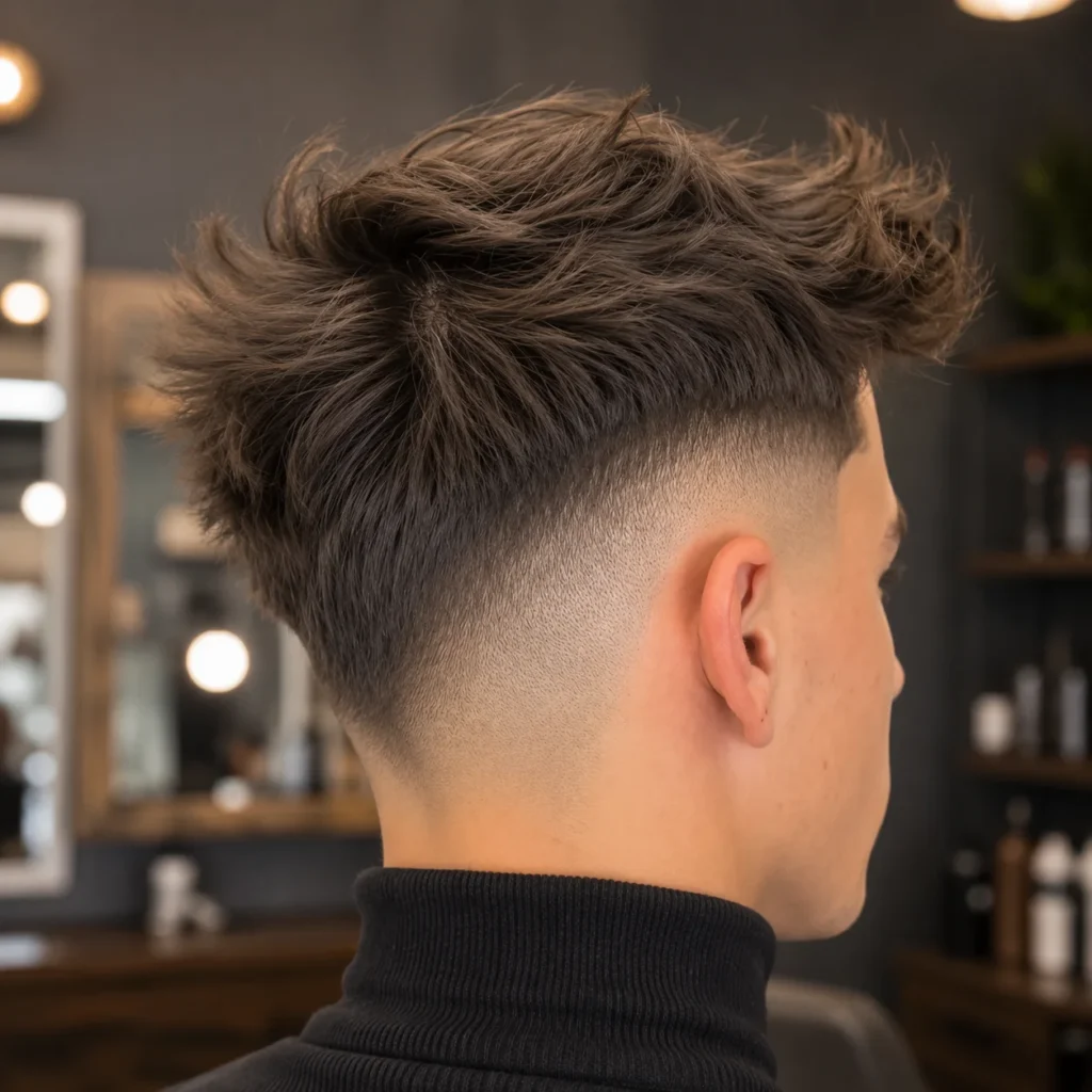 Potongan rambut V Shape Fade dengan rambut lurus dan gaya rambut bertekstur yang sedikit bersepah, dipadankan dengan low skin fade yang kemas, dilihat dari bahagian belakang di sebuah barbershop moden dalam suasana dalaman.