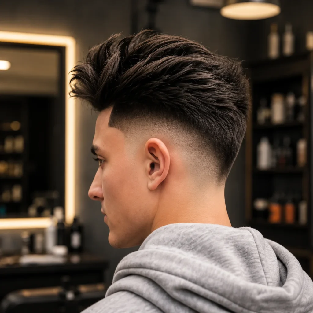 Potongan rambut V Taper Fade dengan gaya textured quiff dan mid skin fade yang kemas, dipaparkan dari sudut sisi di sebuah barbershop moden dalam suasana dalaman.