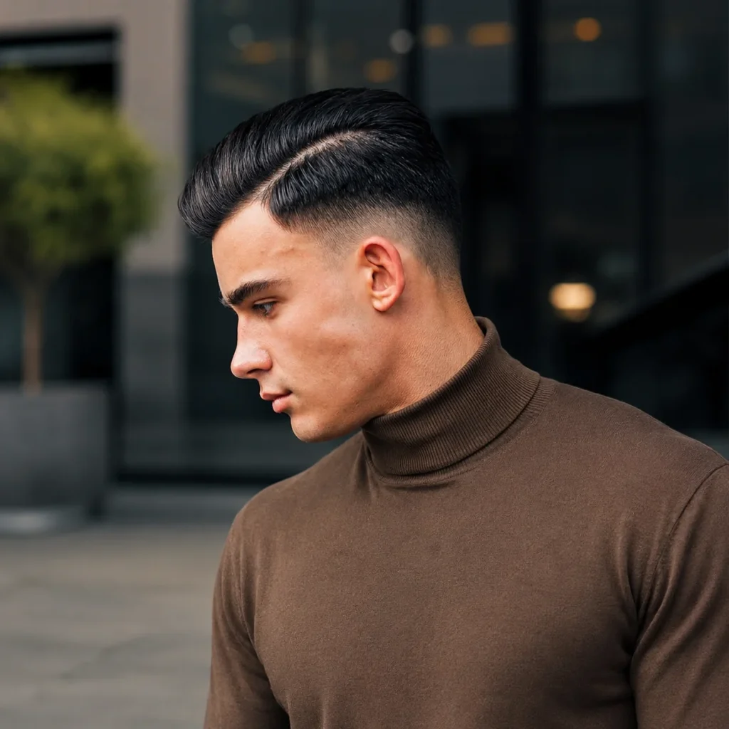 Tampilan berdampingan dua potongan rambut comb over fade yang stylish dengan skin fade yang tajam, gaya janggut yang rapi, dan rambut yang disisir dengan teratur, ditampilkan di lingkungan barbershop modern.