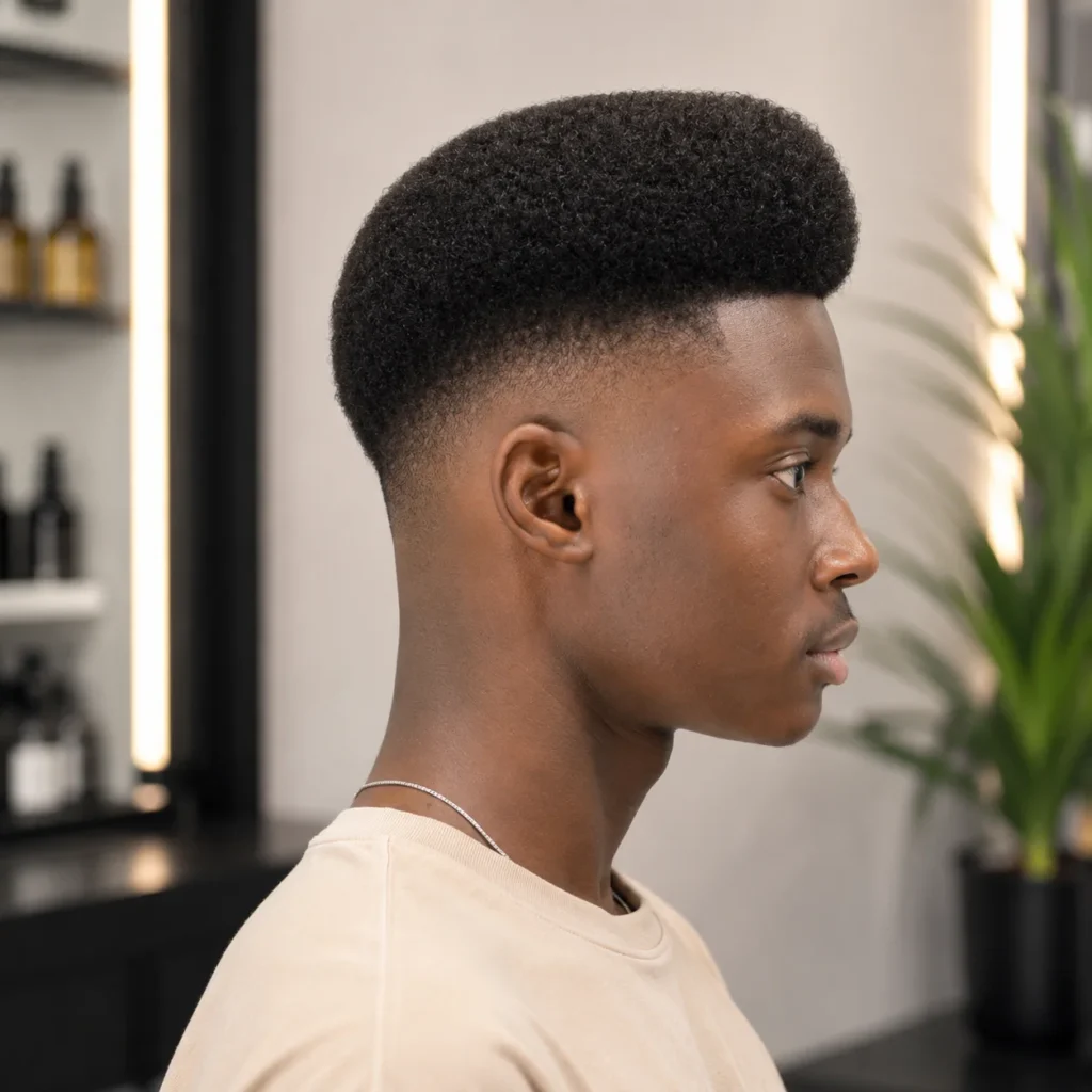 Potongan rambut Afro fade modern pada seorang pria muda dengan skin fade yang halus, tekstur Afro alami, serta gradasi potongan yang presisi oleh barber profesional di sebuah salon profesional.