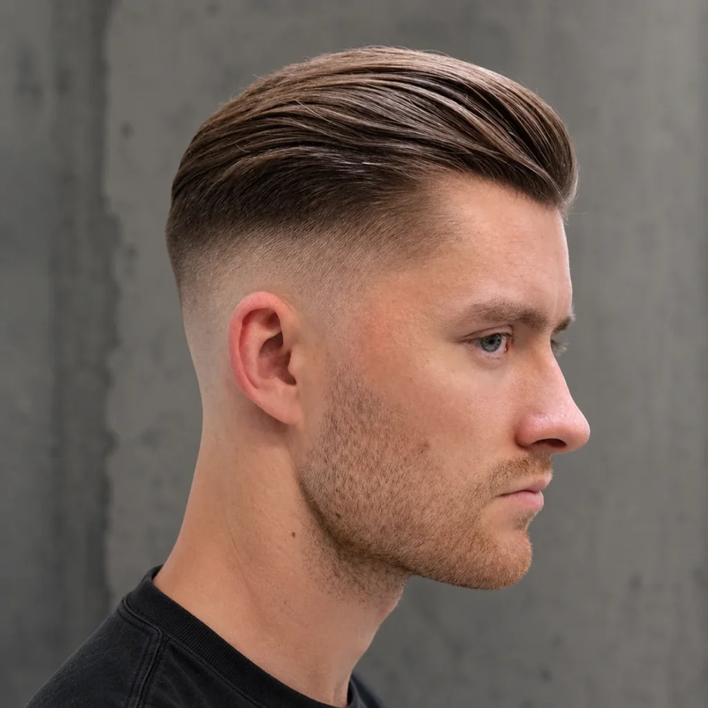 Fade Haircut Slick Back dengan potongan low fade yang kemas dan rambut perang yang disisir rapi, menampilkan gaya rambut lelaki moden dalam suasana kedai gunting rambut profesional.