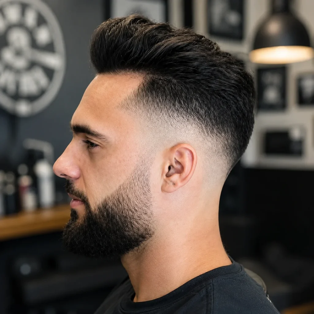 eorang lelaki dengan potongan rambut high skin fade, gaya quiff bertekstur, dan janggut penuh di sebuah kedai gunting rambut moden