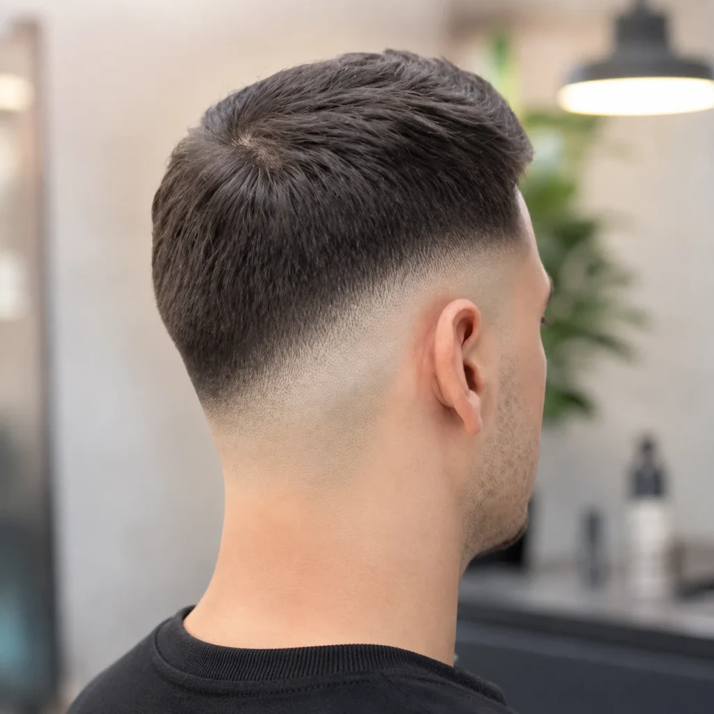 Seorang lelaki dengan potongan rambut low skin fade yang kemas dan rambut gelap bertekstur di sebuah barbershop moden dalam suasana dalaman.