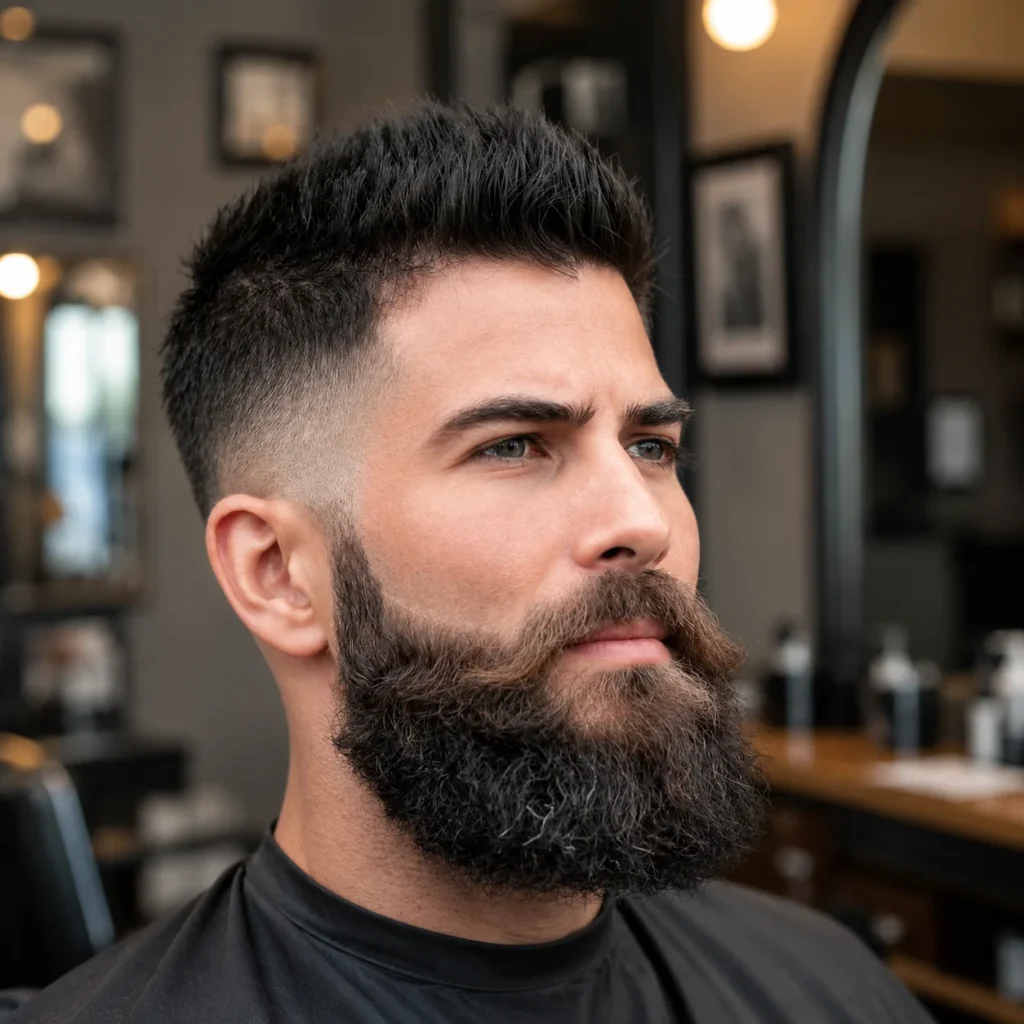 Seorang lelaki dengan potongan rambut high fade bertekstur dan janggut penuh yang tebal, menampilkan gaya barber moden yang kemas dalam suasana kedai gunting rambut profesional.