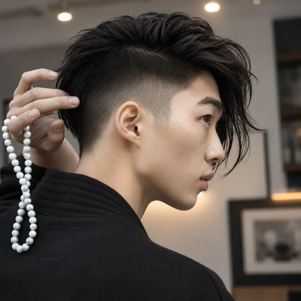 Asian Fade Haircut Long undercut hairstyle with shaved sides in a modern indoor setting.