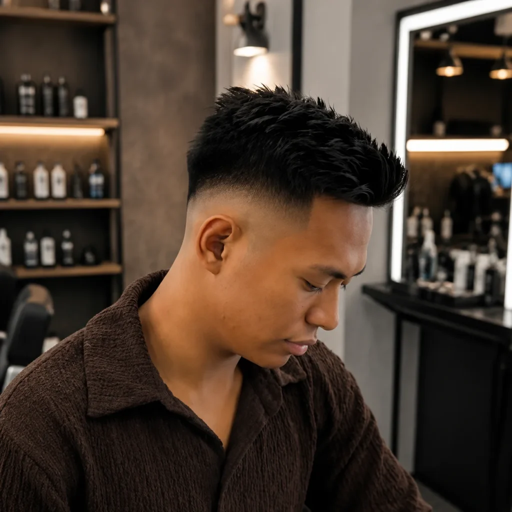 Asian Fade Haircut Short Man with a textured high fade haircut and black hair in a modern indoor barbershop