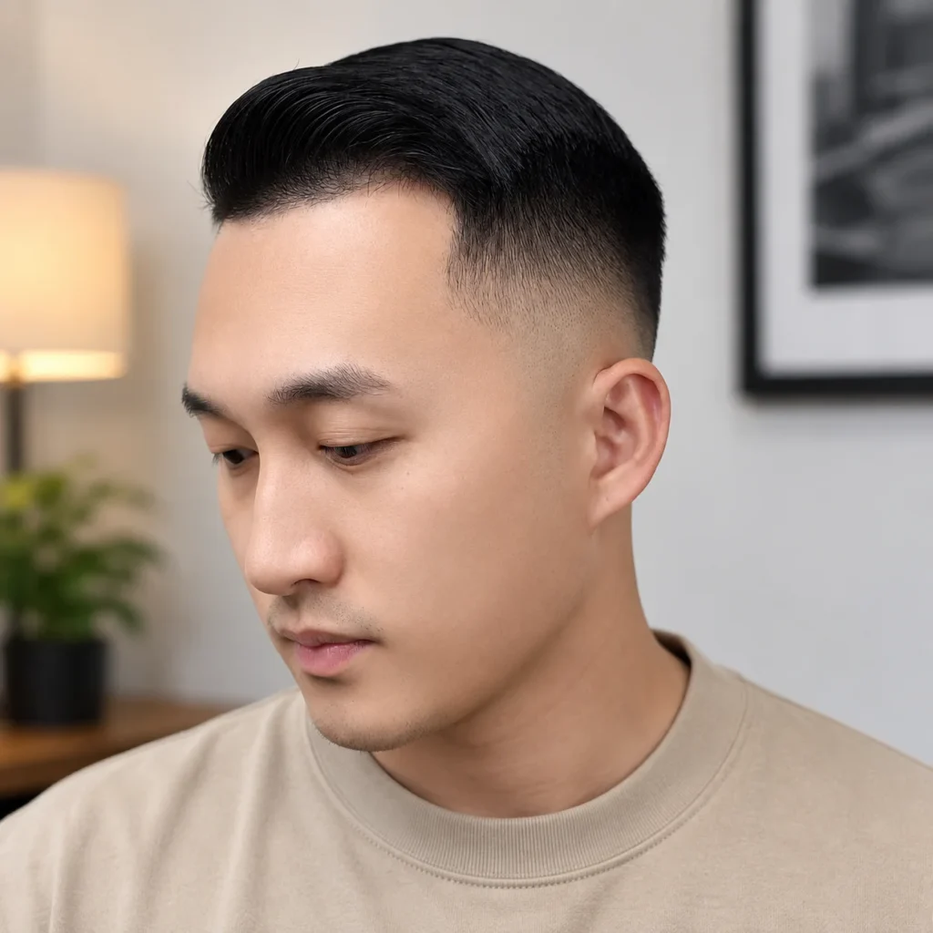 Asian High Fade Haircut with a sleek comb-over hairstyle on a man in a modern indoor setting.