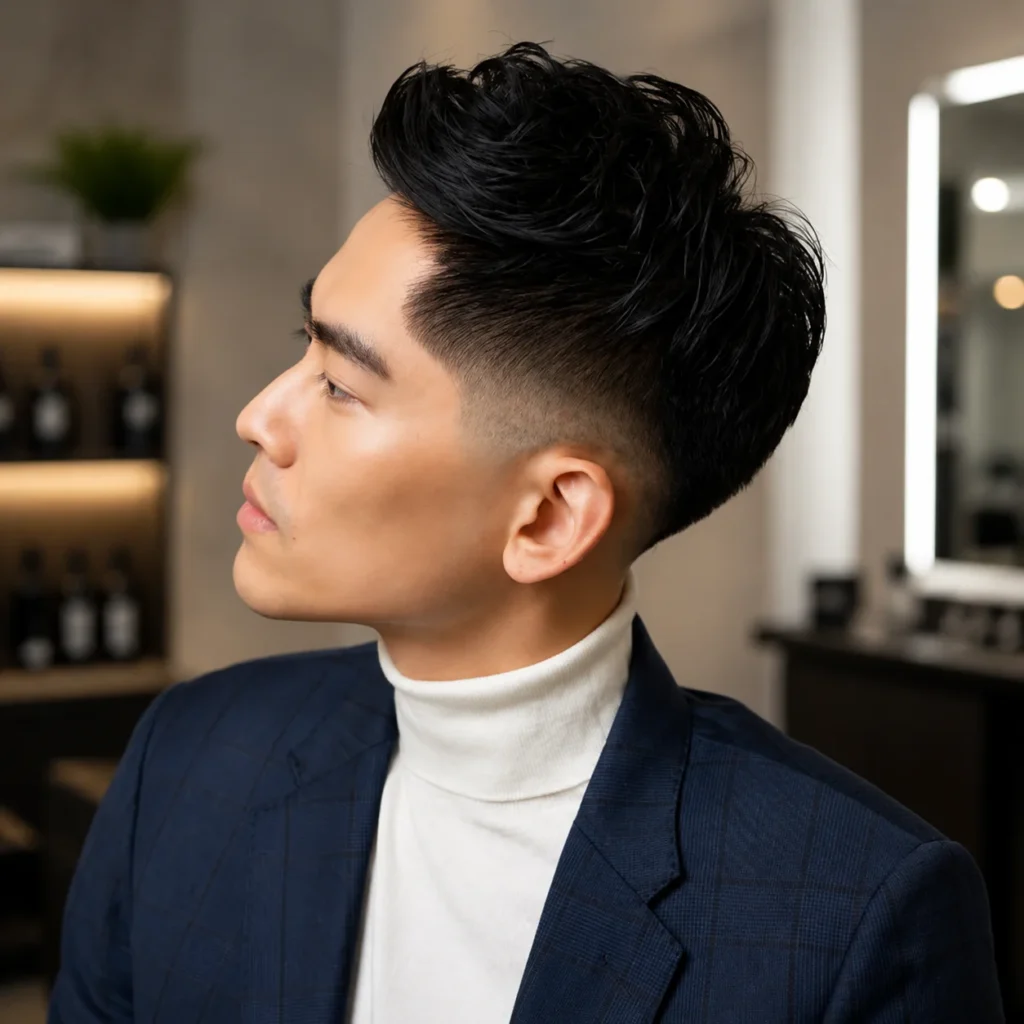 Asian Mid Fade Haircut Man with a voluminous low fade haircut and black hair in a modern indoor barbershop.