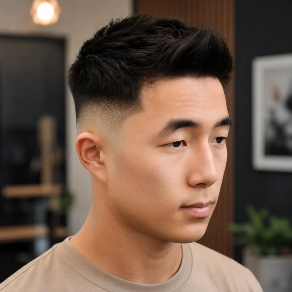 Asian Skin Fade Haircut Textured high fade haircut with short spiky top in a modern indoor setting.