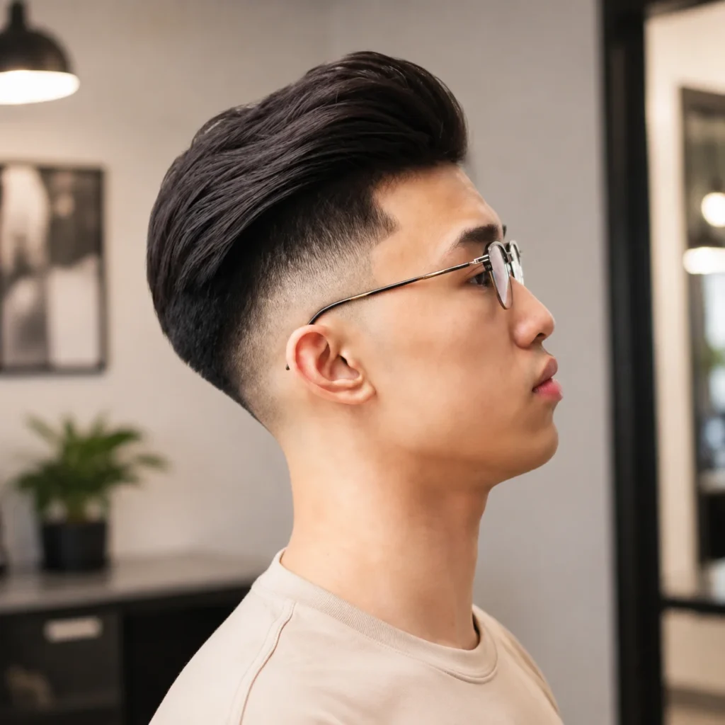 Asian Taper Fade Haircut Man with a high skin fade haircut and voluminous black hair in a modern indoor barbershop.
