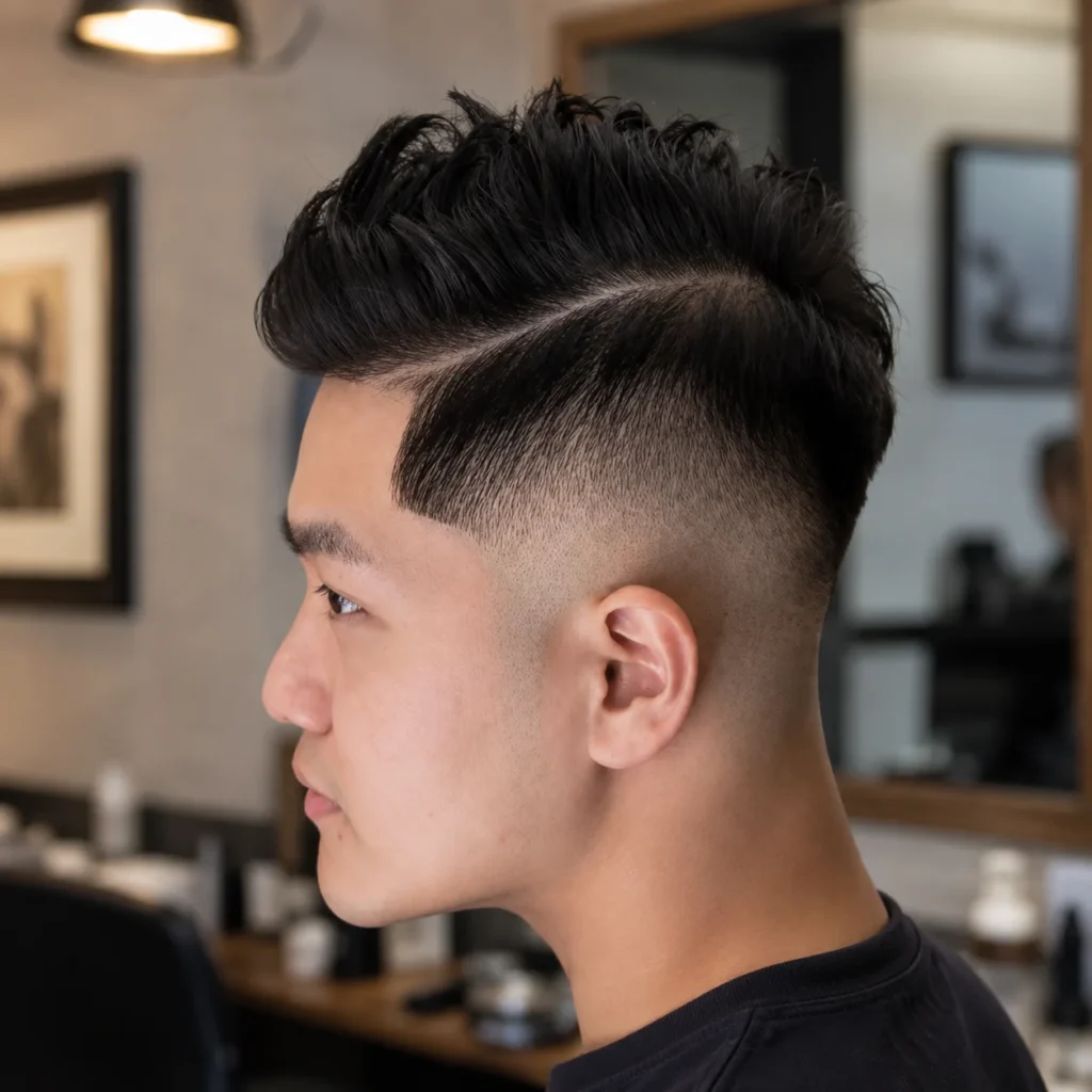 Drop Fade Haircut Asian with a sharp side part and textured top in an indoor barbershop.