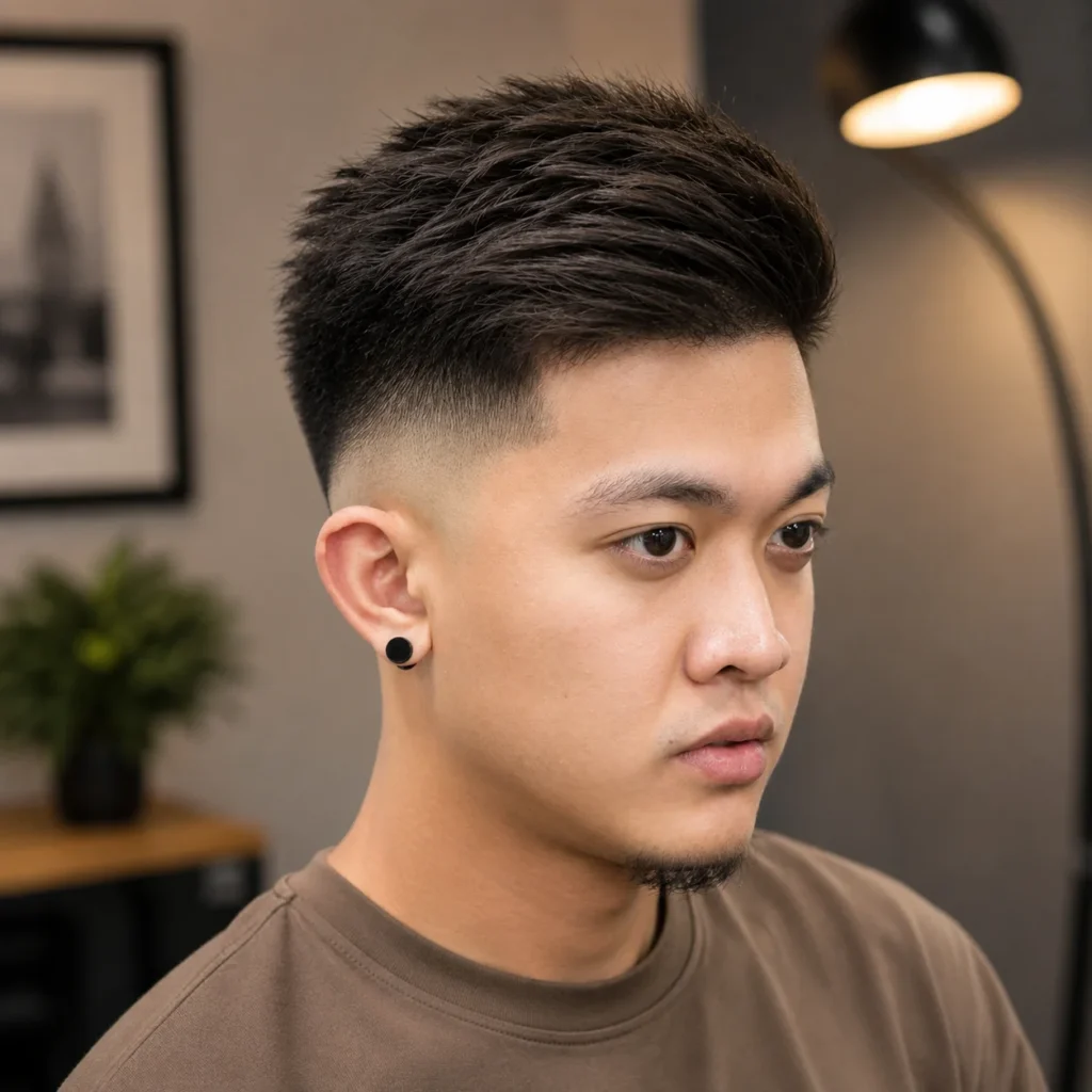 Young Asian man with a textured fade haircut and clean low skin fade in an indoor setting.