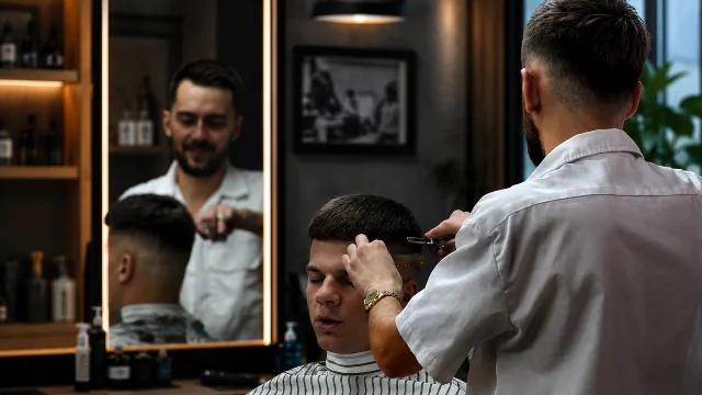 Interior barbershop modern dengan seorang barber yang sedang memberikan **clean fade haircut** kepada klien di salon bergaya 4K dengan pencahayaan hangat dan suasana grooming premium.