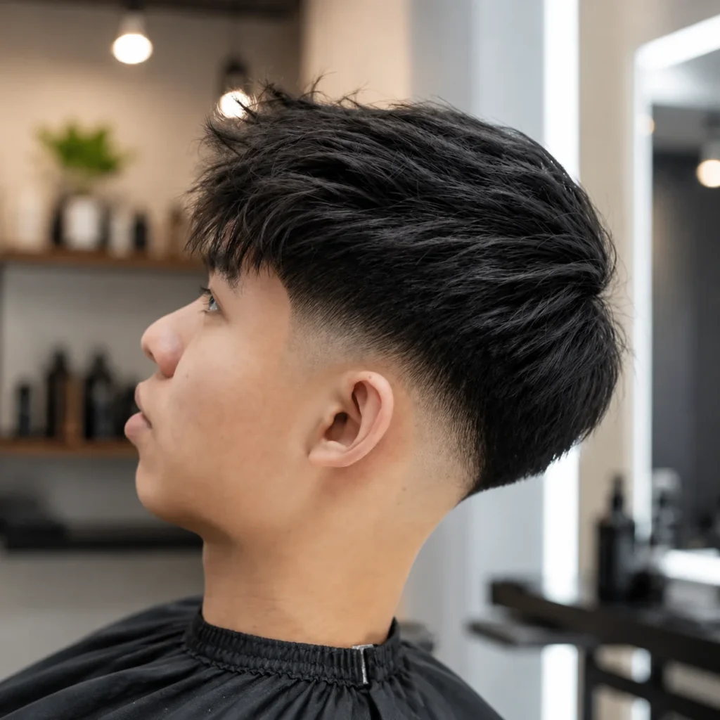 Low Fade Haircut Asian and black hair in a modern indoor barbershop