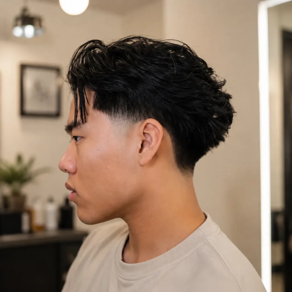 Taper Low Fade Haircut Asian  Man with a textured low fade haircut and black hair in a modern indoor barbershop.