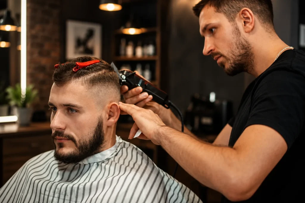 Professional barber giving a clean fade haircut to a bearded man with clippers in a modern luxury barbershop with a stylish 4K background.